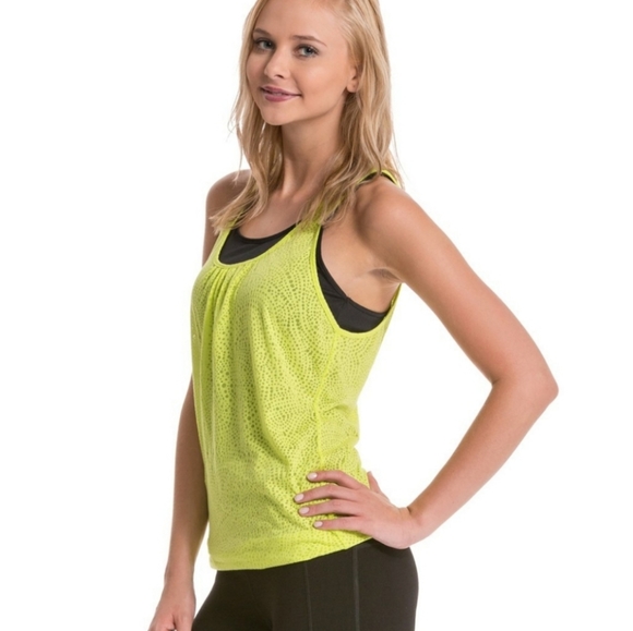 NWOT PrAna Mika Layered Athletic Tank Yellow Sheer Black Racerback Tank Medium - Picture 3 of 8
